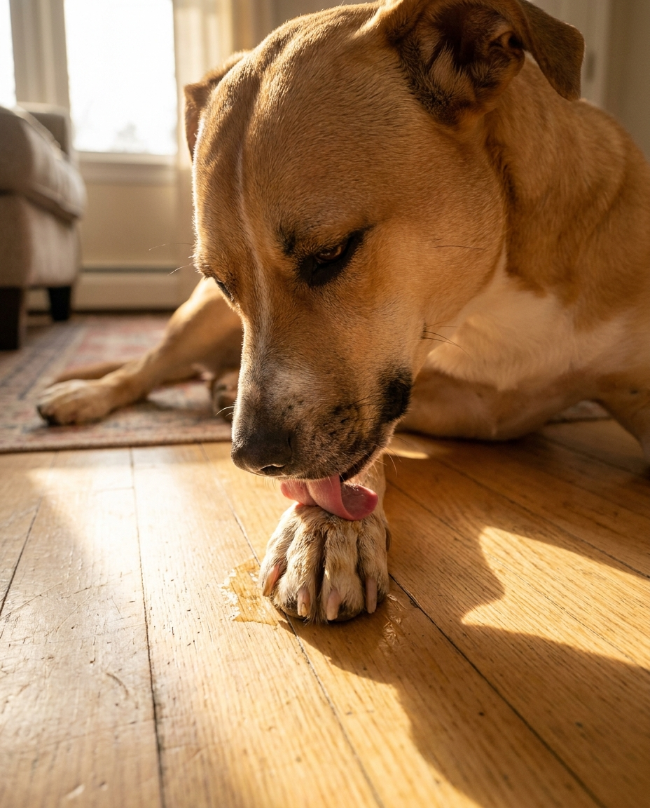 Dog licking feet